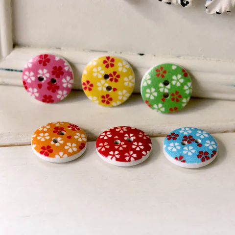 Wooden Mixed Color Plum Blossom Printed Buttons Round DIY Sewing Craft Clothing Accessories Decorative Fastener