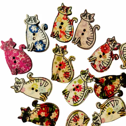 Colorful Cat Wooden Buttons Ethnic Style Printed Two Holes DIY Sewing Craft Garment Accessories For Clothing Decor