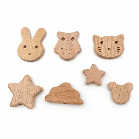 Perles d'Animaux en Bois de Hêtre Naturel DIY Artisanat Perles Vrac Forme De Dessin Animé Accessoires de Bijoux de Dentition