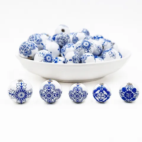 Perles en Bois Imprimées en Porcelaine Bleu et Blanc 20mm Perles Vrac Rondes Pour Fabrication de Bijoux DIY Fait Main Accessoires