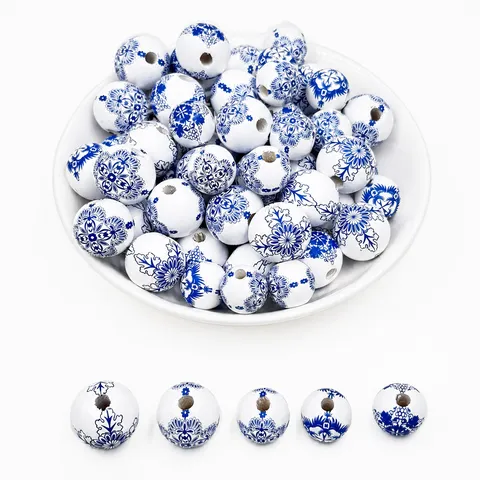 Perles en Bois Imprimées en Porcelaine Bleu et Blanc 20mm Perles Vrac Rondes Pour Fabrication de Bijoux DIY Fait Main Accessoires
