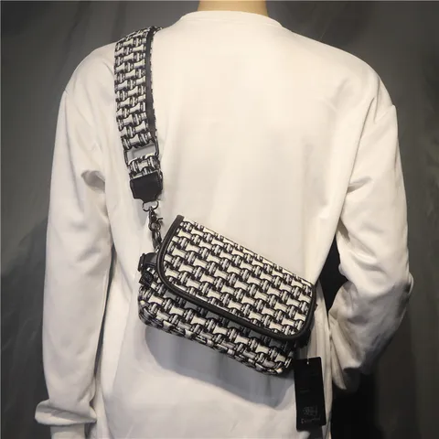 Sac Bandoulière en Toile pour Hommes Noir Blanc Carreau Style Japonais Sac d'Épaule Décontracté