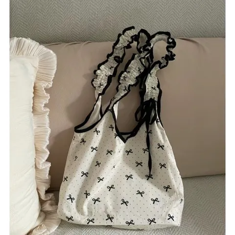 Sac Cabas en Toile à Pois et Nœud Papillon Doux Sac à Bandoulière Plissé à Cordon Décontracté Sac à Main pour Étudiante pour Femmes
