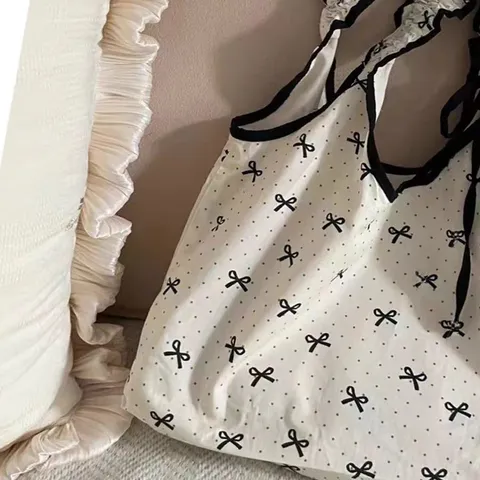 Sac Cabas en Toile à Pois et Nœud Papillon Doux Sac à Bandoulière Plissé à Cordon Décontracté Sac à Main pour Étudiante pour Femmes
