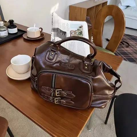Vintage PU Leather Motorcycle Style Tote Bag Women Casual Large Capacity Multifunctional Shoulder Crossbody Backpack