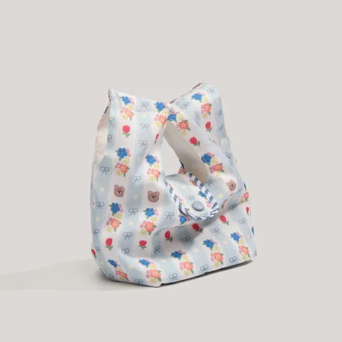 Lindo Estilo Coreano Ins Mini Bolso Tote de Lona Dulce Azul Rayado Oso Estampado Floral Bolso de Mano Portátil Casual Pequeño Bolso Cuadrado