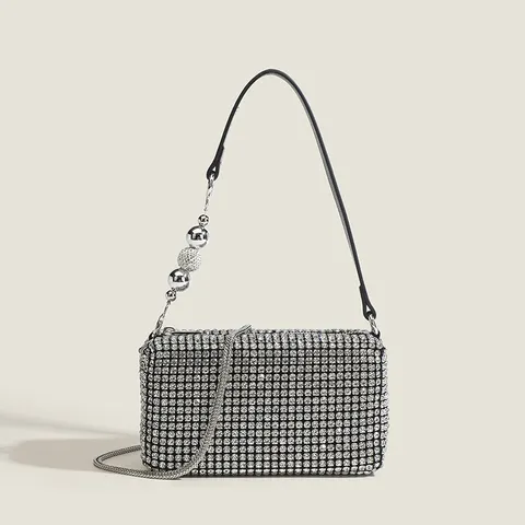 Sac de Soirée en Strass Femme Mode Paillettes Cristal Pochette Sous les Aisselles Sac à Bandoulière Avec Chaîne Sangle de Perles