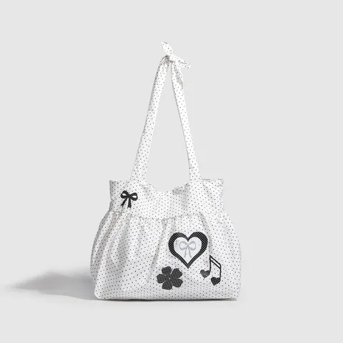 Style Coréen Cabas À Pois Mignon Nœud Cœur Note Imprimer Grande Capacité Sac Bandoulière En Toile De Coton Pour Femmes