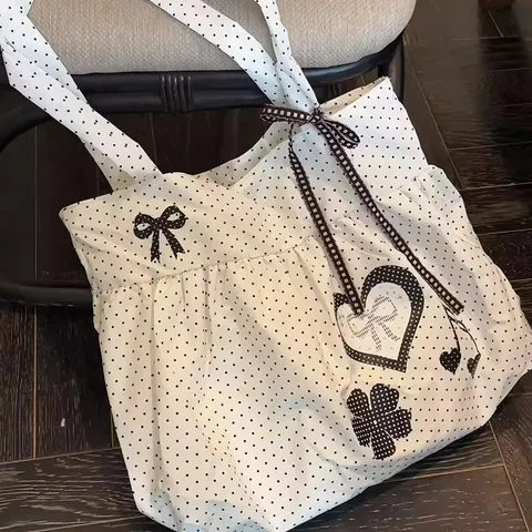 Sac Cabas à Pois Style Coréen Mignon Nœud Cœur Imprimé Décontracté Grande Capacité Polyester Sac Bandoulière Voyage Quotidien