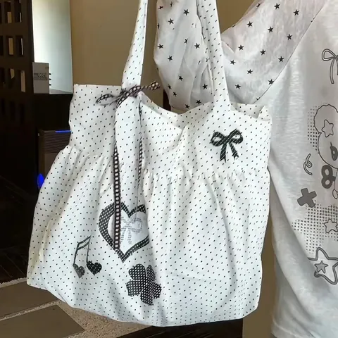 Sac Cabas à Pois Style Coréen Mignon Nœud Cœur Imprimé Décontracté Grande Capacité Polyester Sac Bandoulière Voyage Quotidien