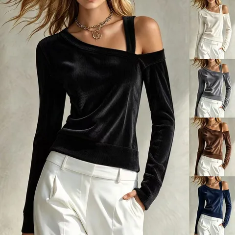 Women's Corduroy Off-Shoulder Single Strap Long Sleeve T-Shirt Casual Elegant Slim Fit Pullover Top