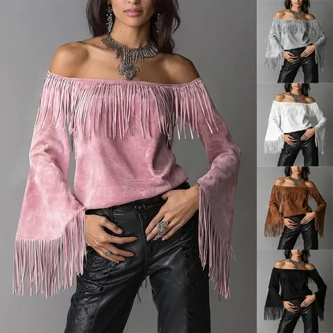 Women's Vintage Fringe Off Shoulder Long Sleeve T-Shirt Retro Western Style Solid Color Flare Sleeve Polyester Top