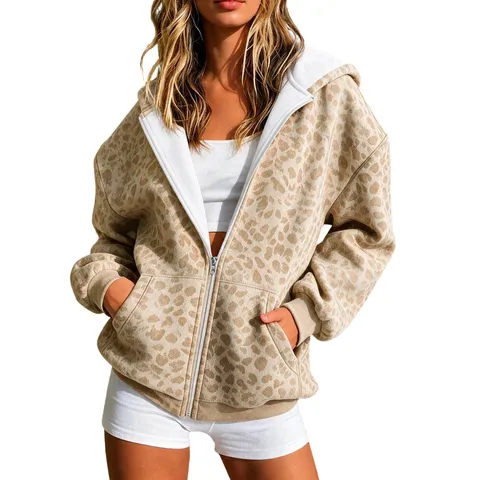 Damen Casual Leopardenmuster Kapuze Reißverschluss Sweatshirt Jacke Langarm Lose Cardigan Top Polyester Streetwear