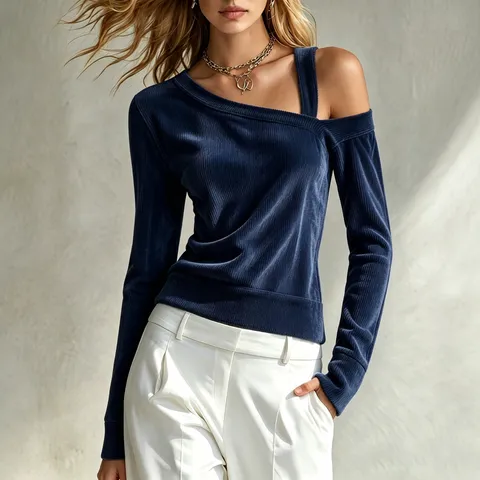 Women's Corduroy Off-Shoulder Single Strap Long Sleeve T-Shirt Casual Elegant Slim Fit Pullover Top