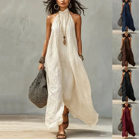 Women's Casual Bohemian Halter Neck Pleated Maxi Dress Sleeveless Backless Long Dress