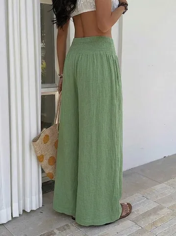 Damen Casual Leinenmischung Weite Hose Hohe Taille Gesmokt Einfarbig Lose Lange Hosen Für Urlaub Tägliche Kleidung