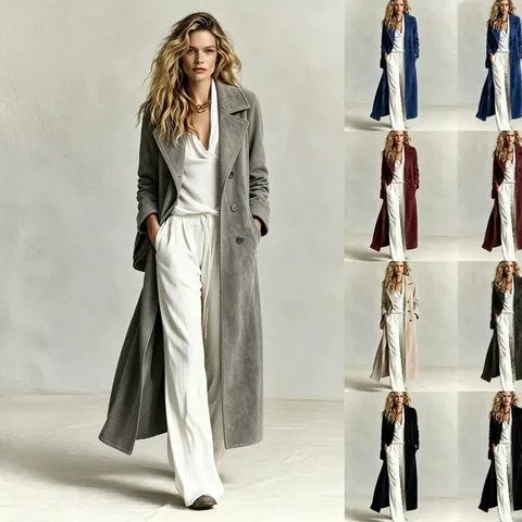 Women's Casual Long Suede Trench Coat Lapel Loose Single-Breasted Long Sleeve Overcoat Winter Outerwear