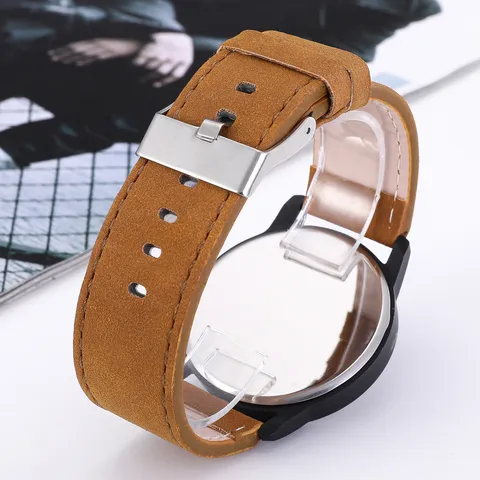 Men Casual Quartz Watch Alloy Case Faux Leather Band Large Round Dial Minimalist Scale Sporty Wristwatch Trendy Clock Gift For Men