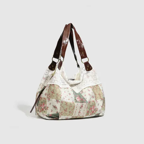 Sac Cabas Patchwork Floral Vintage Pour Femmes Sac à Main d'Épaule Décontracté de Commutateur Avec Garniture en Dentelle Sac en Toile Rétro