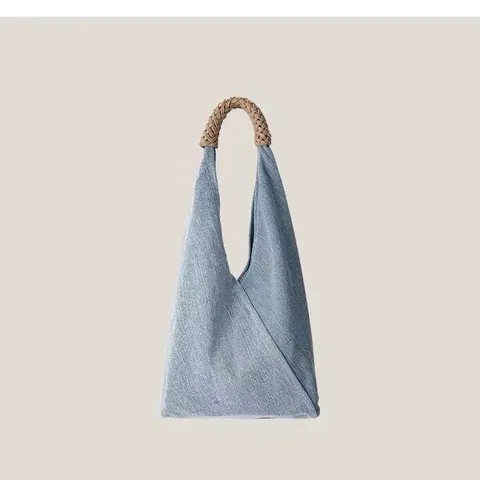Sac Cabas en Toile Denim pour Femmes Vintage Sac à Bandoulière Décontracté Poignée Tissée