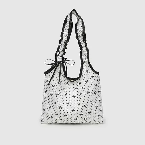 Sac Cabas en Toile à Pois Niche Coréenne Sac à Main Plissé à Cordon Fille Douce Sac Bandoulière Quotidien Étudiant