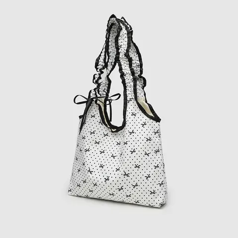 Sac Cabas en Toile à Pois Niche Coréenne Sac à Main Plissé à Cordon Fille Douce Sac Bandoulière Quotidien Étudiant