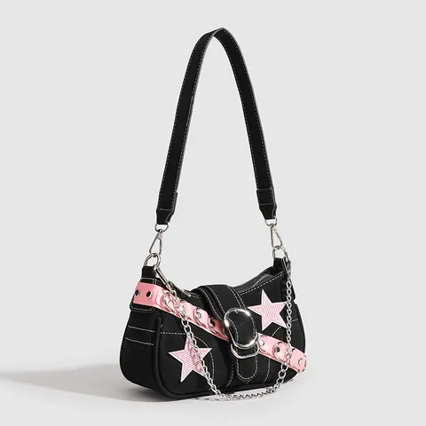 Y2K Design de Niche PU Toile Sac Bandoulière Sweet Cool Spicy Girl Baguette Sac Avec Chaîne en Métal Et Patch Étoile Pour Femmes
