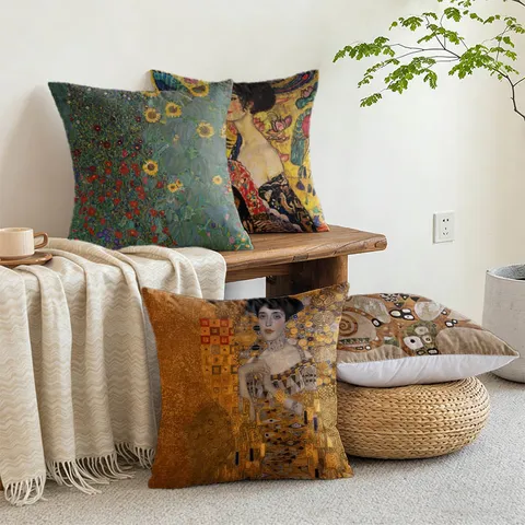 Decorative Famous Classical Art Oil Painting Printed Pillowcase Linen Peach Skin Short Plush Sofa Cushion Cover