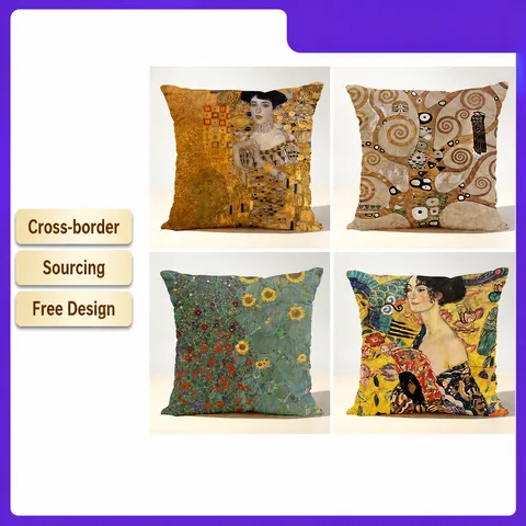 Decorative Famous Classical Art Oil Painting Printed Pillowcase Linen Peach Skin Short Plush Sofa Cushion Cover