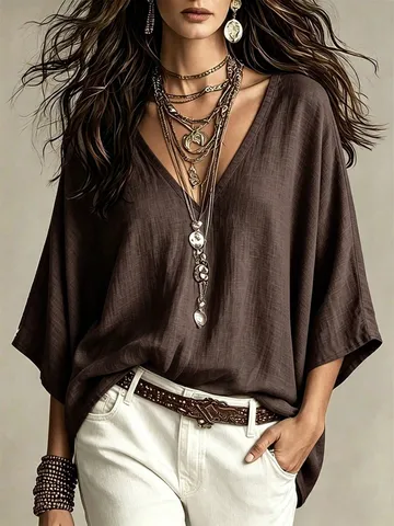 Women Casual Linen V Neck Three Quarter Sleeve Loose Solid Color Top Fashion Comfortable Daily Blouse
