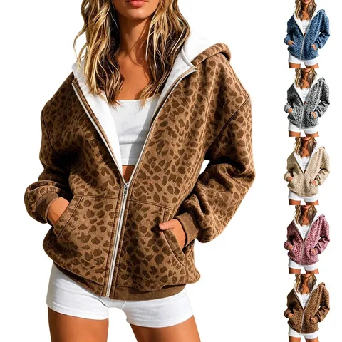 Damen Casual Leopardenmuster Kapuze Reißverschluss Sweatshirt Jacke Langarm Lose Cardigan Top Polyester Streetwear