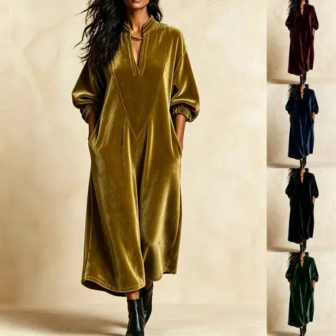 Women's Elegant Long Sleeve V-Neck Velvet Maxi Dress Casual Loose Spliced Solid Color Long Dress