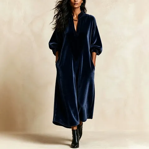 Women's Elegant Long Sleeve V-Neck Velvet Maxi Dress Casual Loose Spliced Solid Color Long Dress