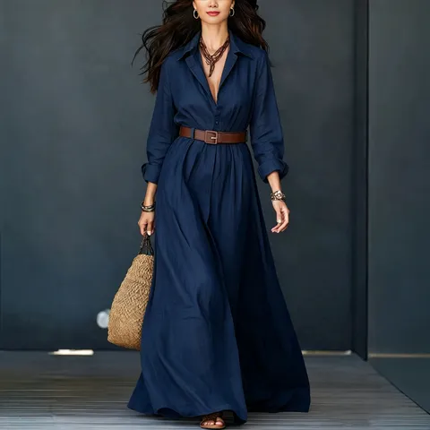 Women's Casual Cotton Blend Long Sleeve Turn-Down Collar Solid Color A-Line Maxi Shirt Dress With Belt