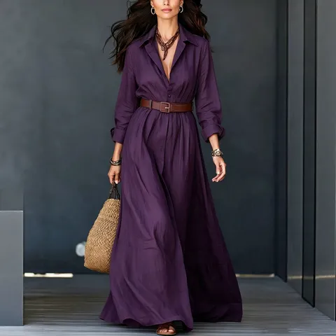 Women's Casual Cotton Blend Long Sleeve Turn-Down Collar Solid Color A-Line Maxi Shirt Dress With Belt