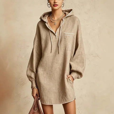 Women Casual Cotton Linen Long Sleeve Hooded Midi Dress Drawstring Solid Color Pocket Loose Vacation Sweatshirt Dress