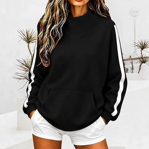 Women's Casual High Neck Ribbed Sweatshirt Long Sleeve Loose Pullover Top With Side Stripes