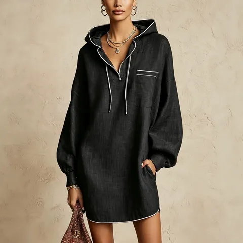 Women Casual Cotton Linen Long Sleeve Hooded Midi Dress Drawstring Solid Color Pocket Loose Vacation Sweatshirt Dress