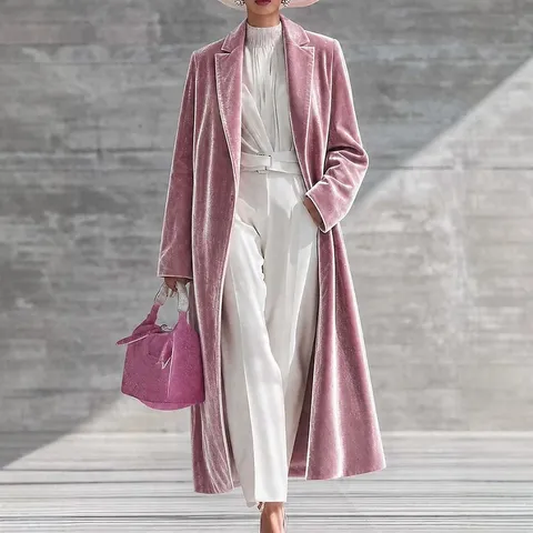 Women's Autumn Winter Long Velvet Trench Coat Elegant Lapel Open Front Casual Oversized Over Knee Outerwear