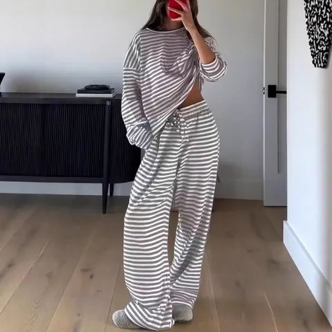 Women Casual Striped Long Sleeve Top And High Waist Wide Leg Pants Set Fall Fashion Loungewear Tracksuit Outfit