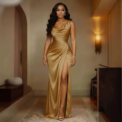 Women's Elegant Satin Maxi Dress Sleeveless Cowl Neck High Waist Slim Split Evening Party Long Dress