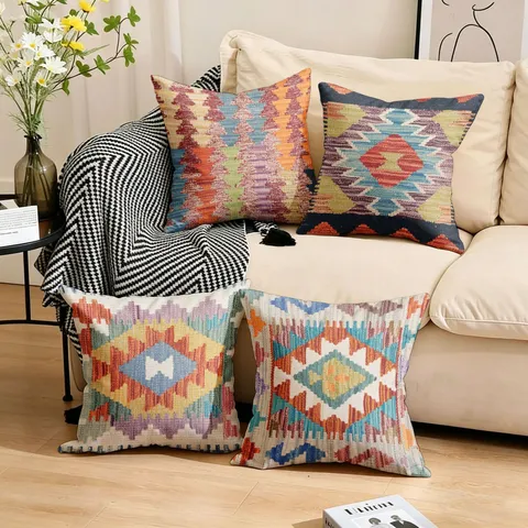 Fodera per Cuscino con Stampa Geometrica Bohemien Poliestere Pelle di Pesca Lino Fodera per Cuscino Quadrata Decorativa per Divano Decorazione Casa