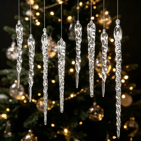 Clear Acrylic Icicle Christmas Tree Ornaments Transparent Spiral Ice Cone Pendant For Winter Party Home Scene Hanging Decorations