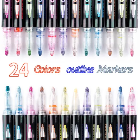 Double Line Outline Markers Metallic Colorful Drawing Pens Dual Ink Art Markers For School Office