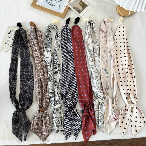 Women Korean Magnetic Buckle Silk Scarf Necklace With Cartoon Pendant Printed Polyester Neck Scarf Accessory For Daily Party