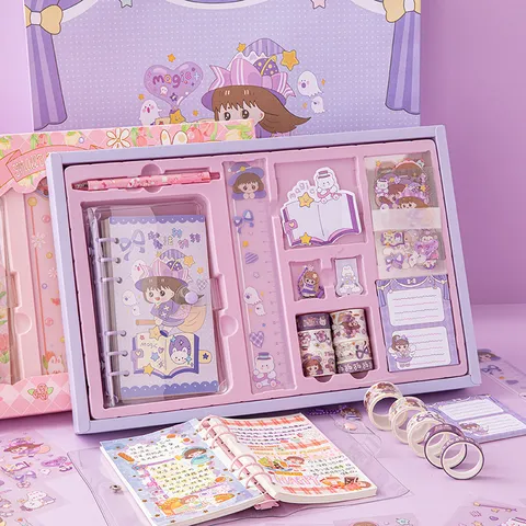 Cute PVC Loose Leaf Notebook Hand Ledger Set Cartoon Student Diary Journal Stationery Gift Box With Tapes Stickers Pen