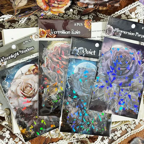 Transparent PET Laser Sticker Pack Vintage Rose Floral Decals Aesthetic Journal Supplies DIY Craft Scrapbooking Stickers