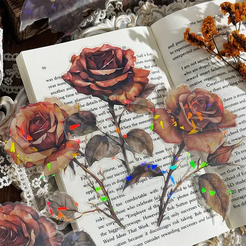 Transparent PET Laser Sticker Pack Vintage Rose Floral Decals Aesthetic Journal Supplies DIY Craft Scrapbooking Stickers
