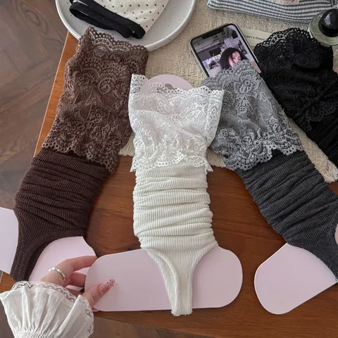 Women's Sweet Lolita Lace Leg Warmers Japanese Style Stirrup Slouch Socks Knit Long Foot Covers For Daily Party Wear