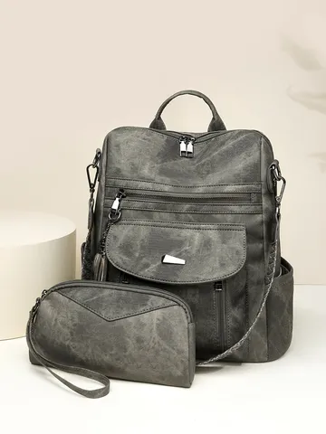 Women Vintage Distressed PU Leather Backpack Two-Piece Set Travel School Casual Daypack With Shoulder Bag
